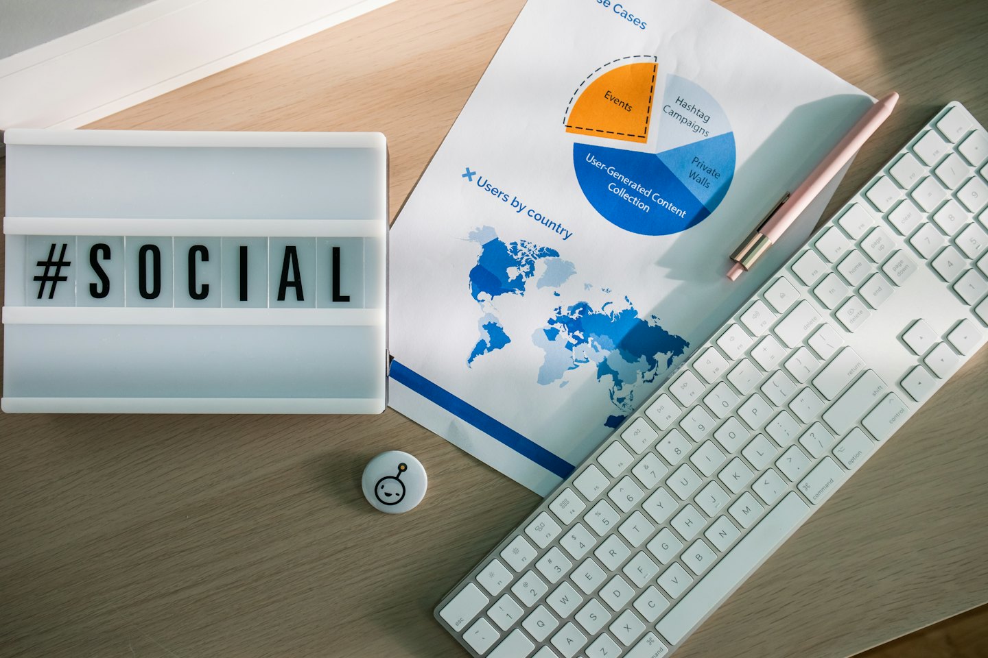 Social media marketing items laid out on a desk.